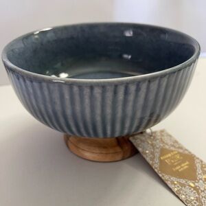 Blue Fluted Ceramic Bowl with Wooden Base NWT Home Decor Kitchen